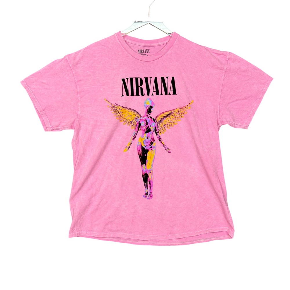 Nirvana Band Tee‎ XL Pink Multi Angel Graphic Acid Wash Short Sleeve Shirt Retro